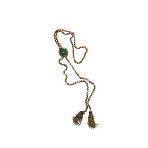 Vintage Gold Tone Lariat bolo Faux Green Stone Signed Avon 36"